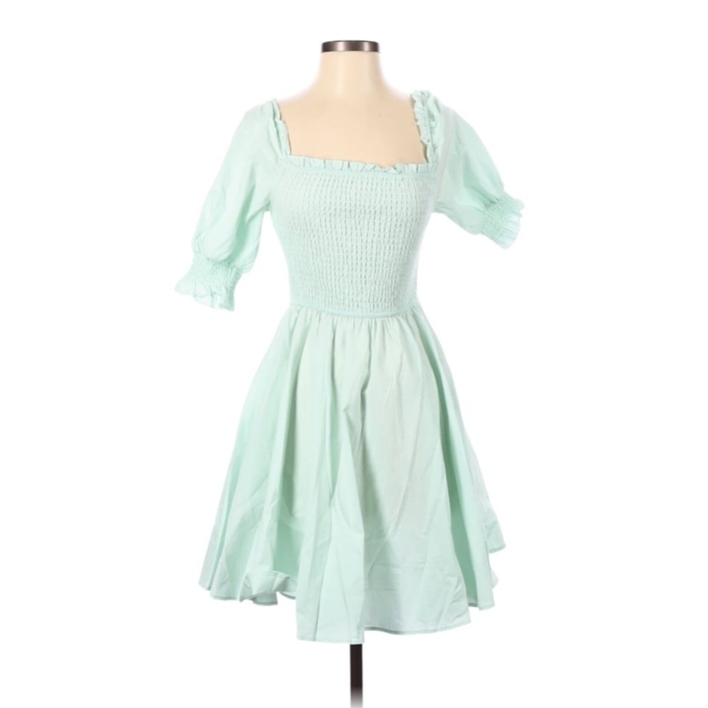 Blue Rain Casual Cotton Green Blue Puff Sleeves Cottagecore Skater Ruffled Dress